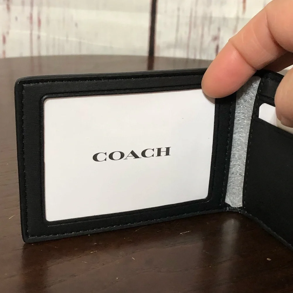 Coach compact Bifold Men's Brown Leather & coated Wallet nwt